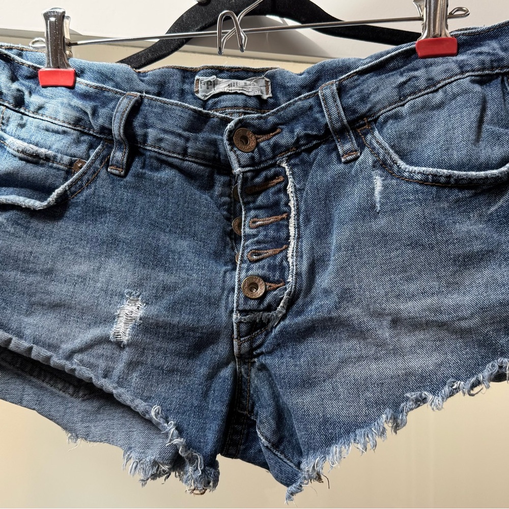 Free People Distressed Button-Fly Denim Shorts - Blue Wash